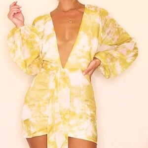 PrettyLittleThing Yellow and white plunge neck mini dress with balloon sleeves